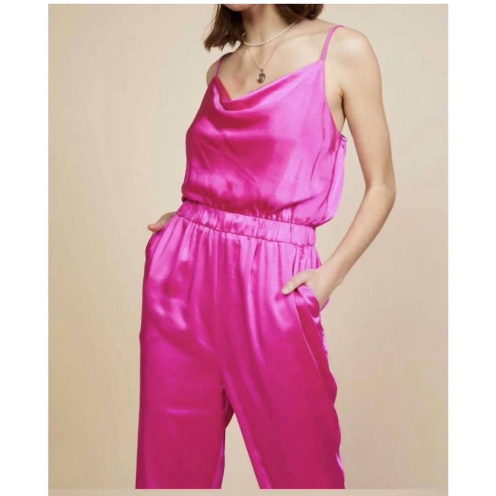 Skies are Blue Cowl Neck Satin Jumpsuit- hot pink, Medium